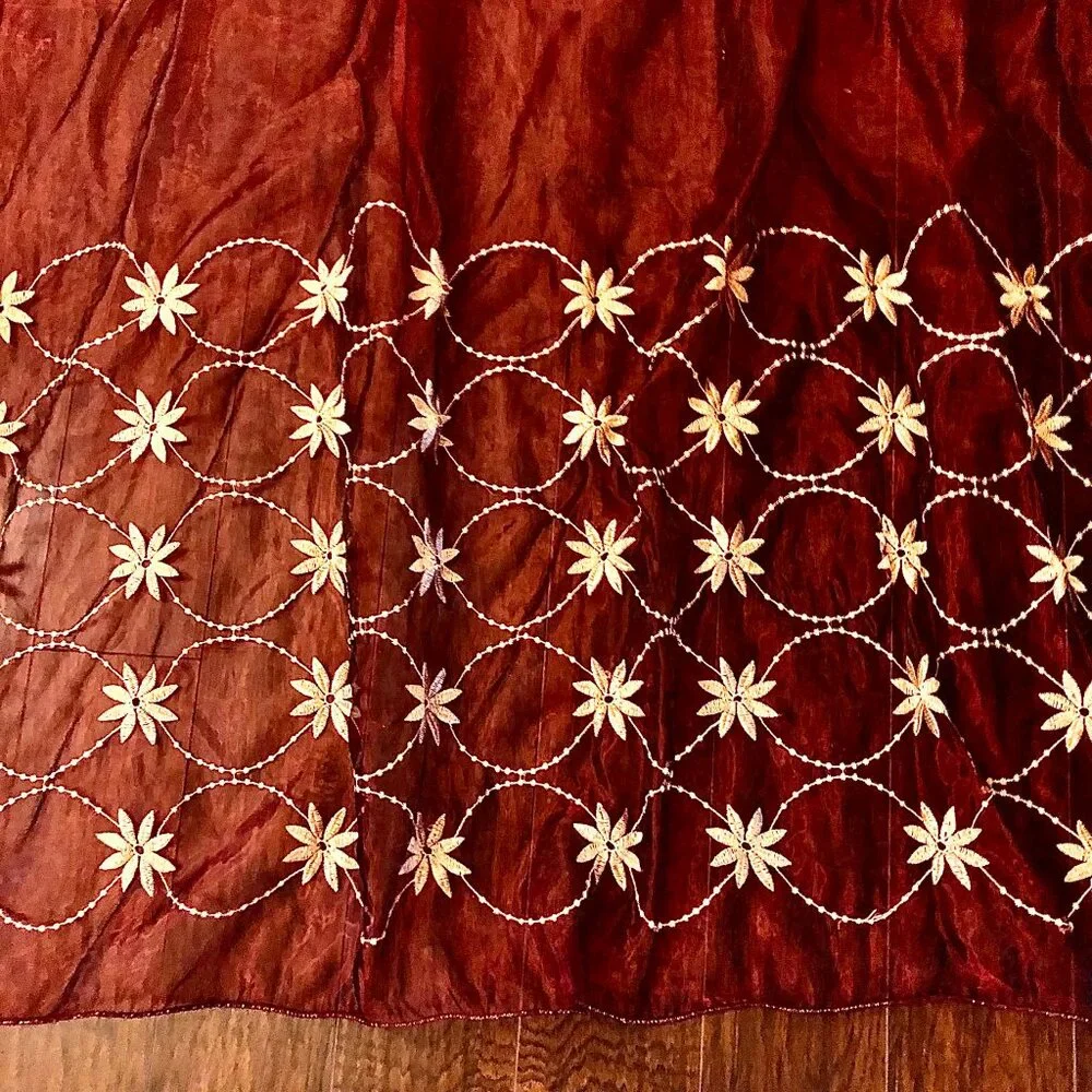 NWT ALEXANDRA'S ACCENTS Boho Embroidered Sheers Drapery Panels Burg\Gold 84x58